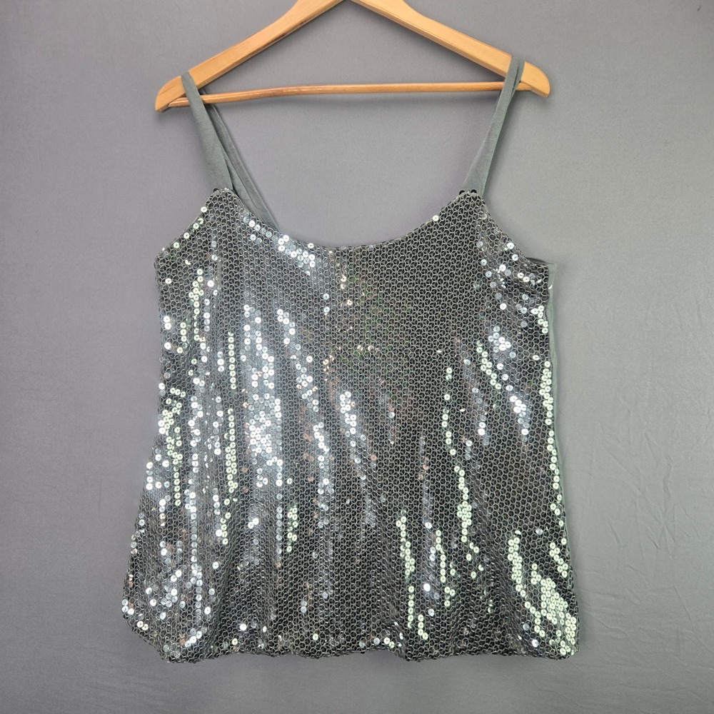 Apostrophe Sequin Tank Top Cami L Grey Silver Sparkle Party Sleeveless Holiday
